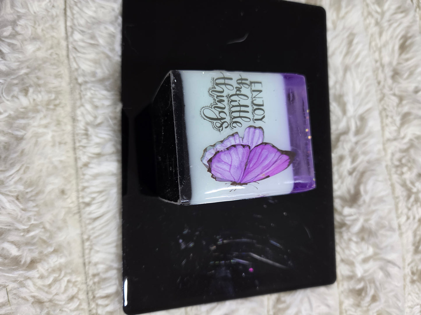 Square Handcrafted Resin Jar Layered in Purple White & Black w/ Butterflies Flowers and Quotes