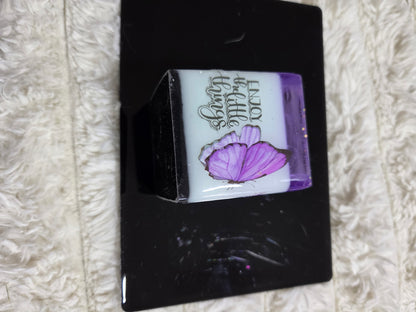 Square Handcrafted Resin Jar Layered in Purple White & Black w/ Butterflies Flowers and Quotes