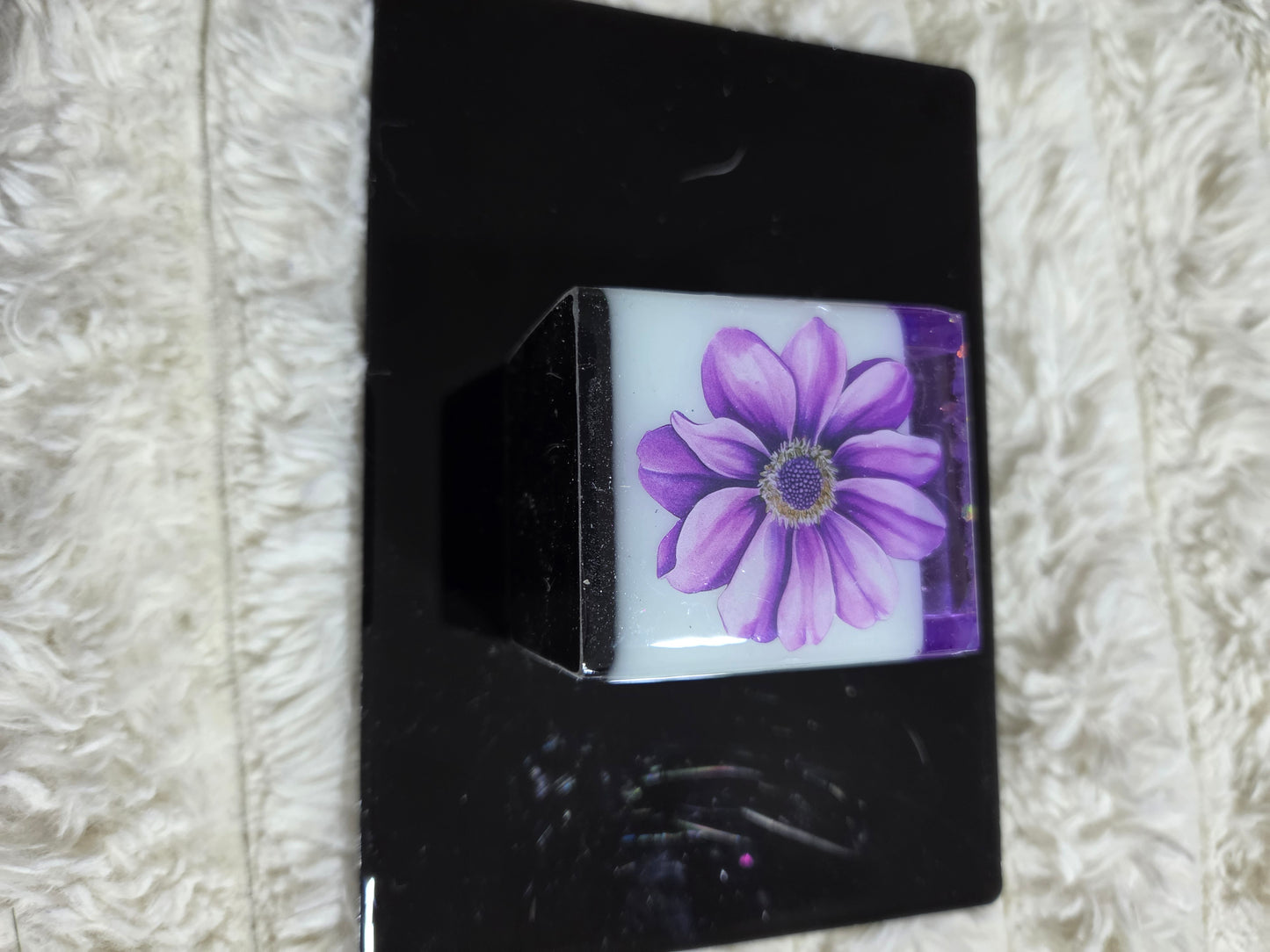 Square Handcrafted Resin Jar Layered in Purple White & Black w/ Butterflies Flowers and Quotes
