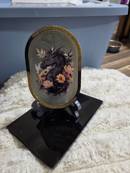 Rectangular or Oblong Black/Gold Framed Handcrafted Resin Tray/Display featuring Black Dragons