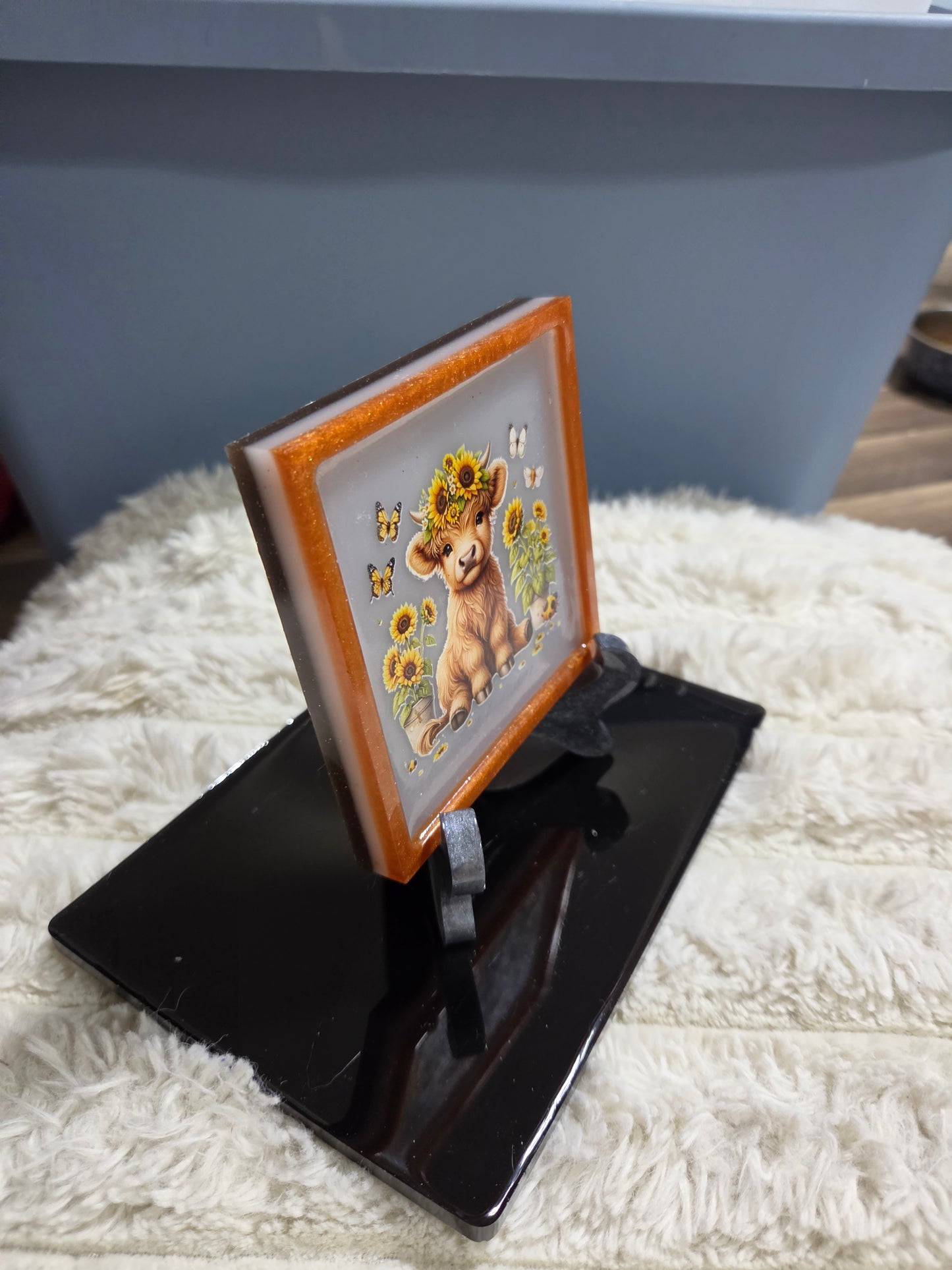Square Plaque/Display with Highland Cow Calf, Butterflies and Sunflowers