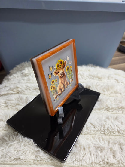 Square Plaque/Display with Highland Cow Calf, Butterflies and Sunflowers
