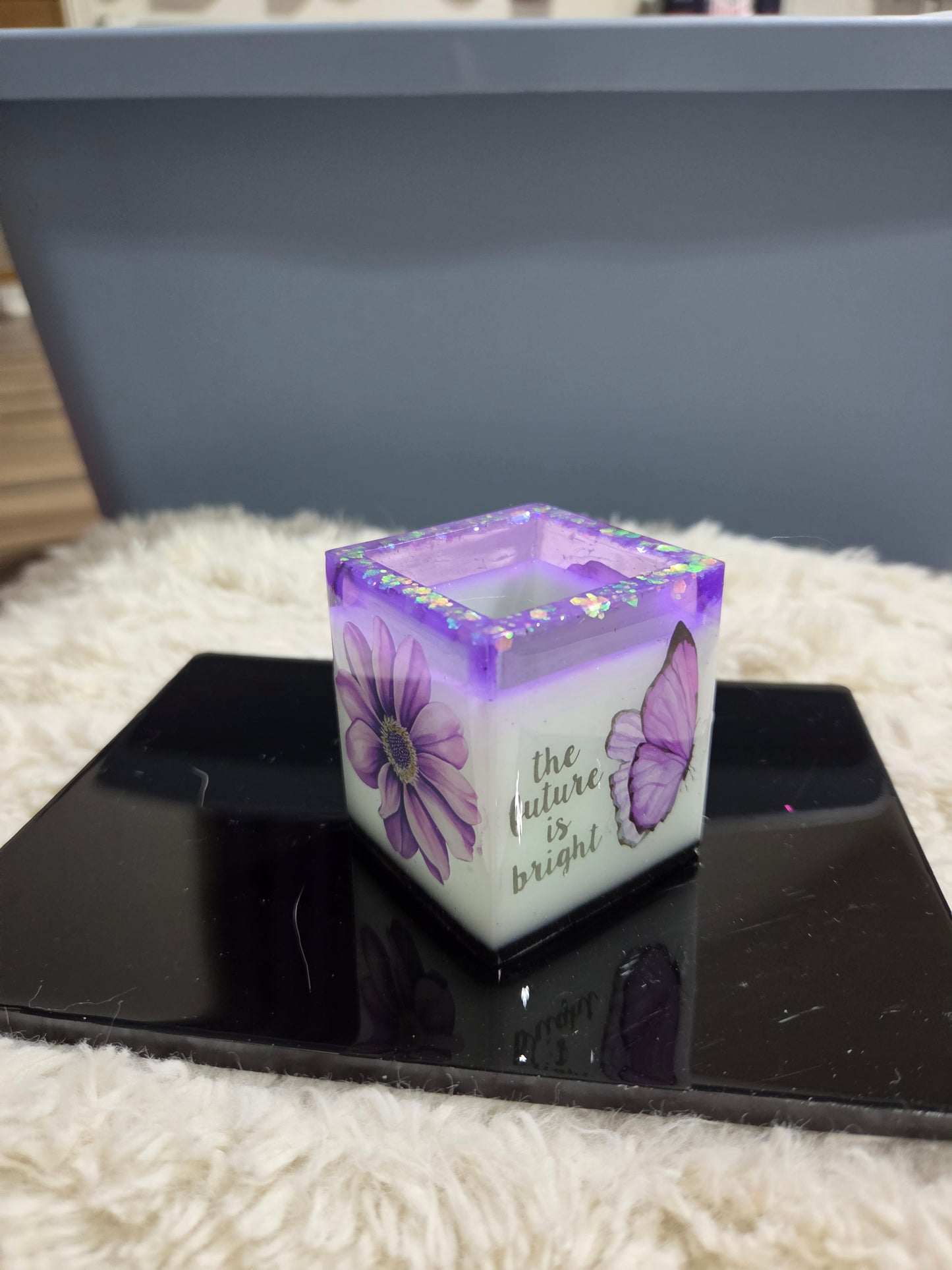 Square Handcrafted Resin Jar Layered in Purple White & Black w/ Butterflies Flowers and Quotes