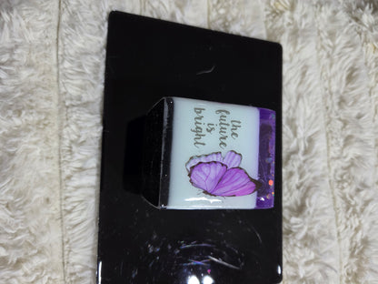 Square Handcrafted Resin Jar Layered in Purple White & Black w/ Butterflies Flowers and Quotes
