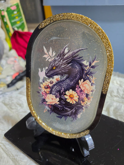Rectangular or Oblong Black/Gold Framed Handcrafted Resin Tray/Display featuring Black Dragons