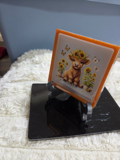 Square Plaque/Display with Highland Cow Calf, Butterflies and Sunflowers
