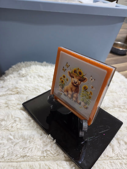 Square Plaque/Display with Highland Cow Calf, Butterflies and Sunflowers