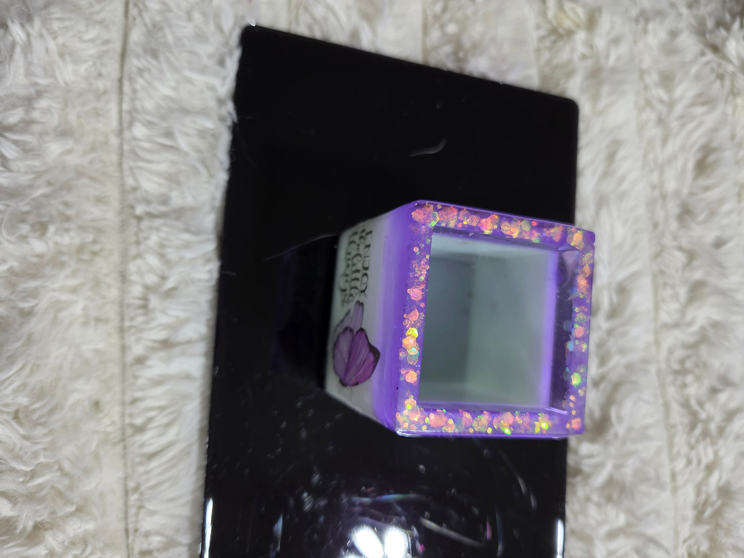 Square Handcrafted Resin Jar Layered in Purple White & Black w/ Butterflies Flowers and Quotes