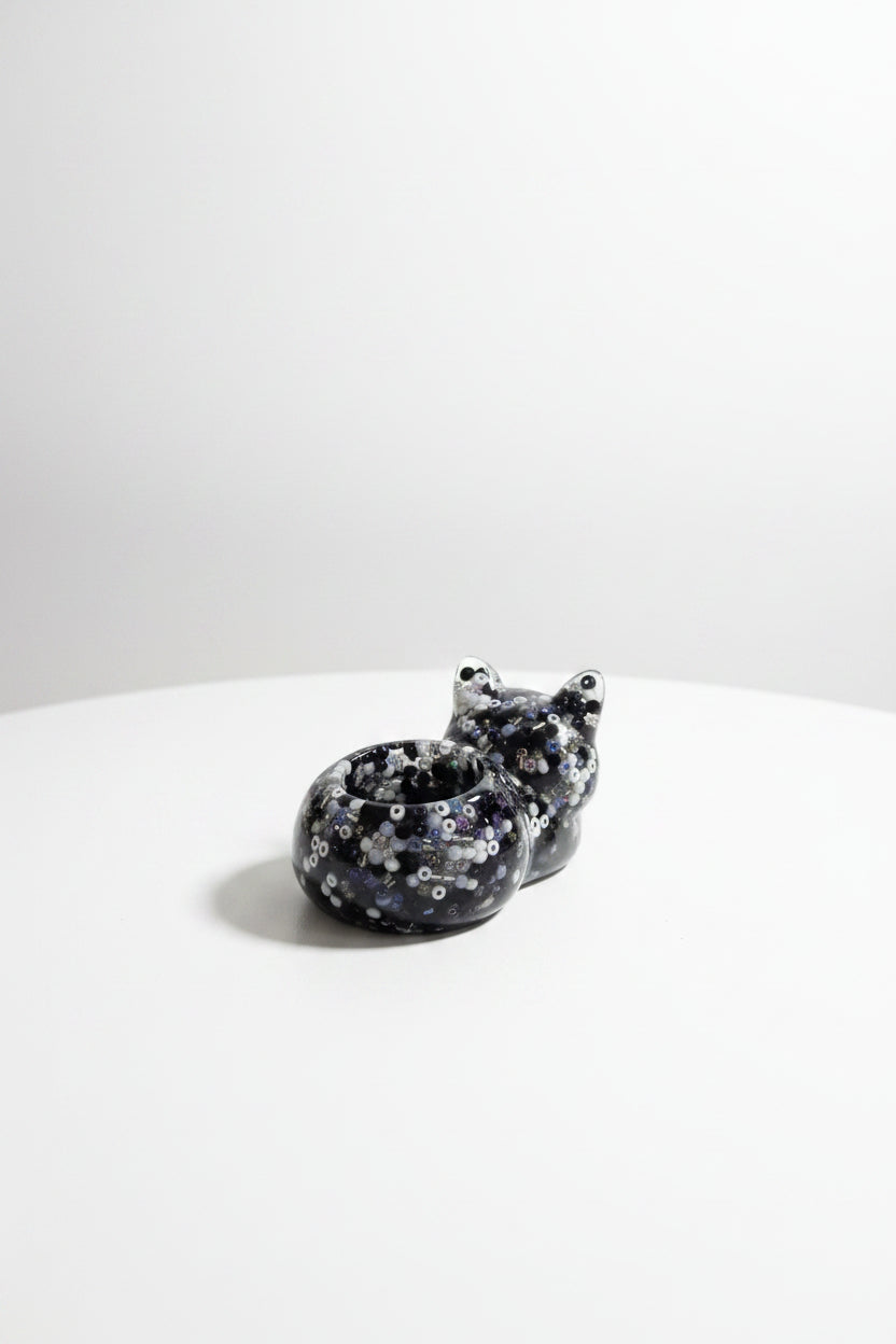 Black and White Beaded Resin Cat Tealight Holder