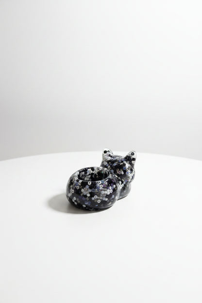 Black and White Beaded Resin Cat Tealight Holder