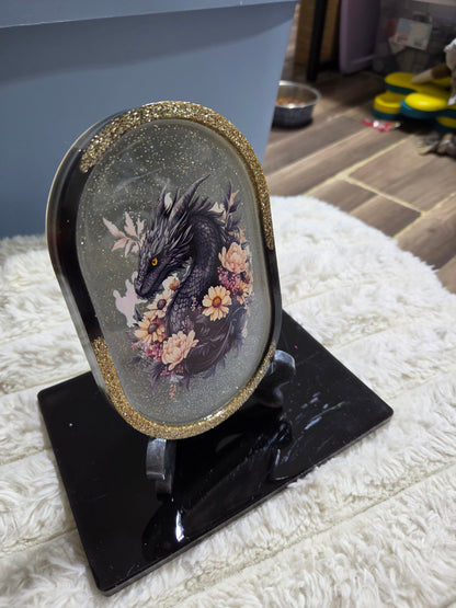 Rectangular or Oblong Black/Gold Framed Handcrafted Resin Tray/Display featuring Black Dragons