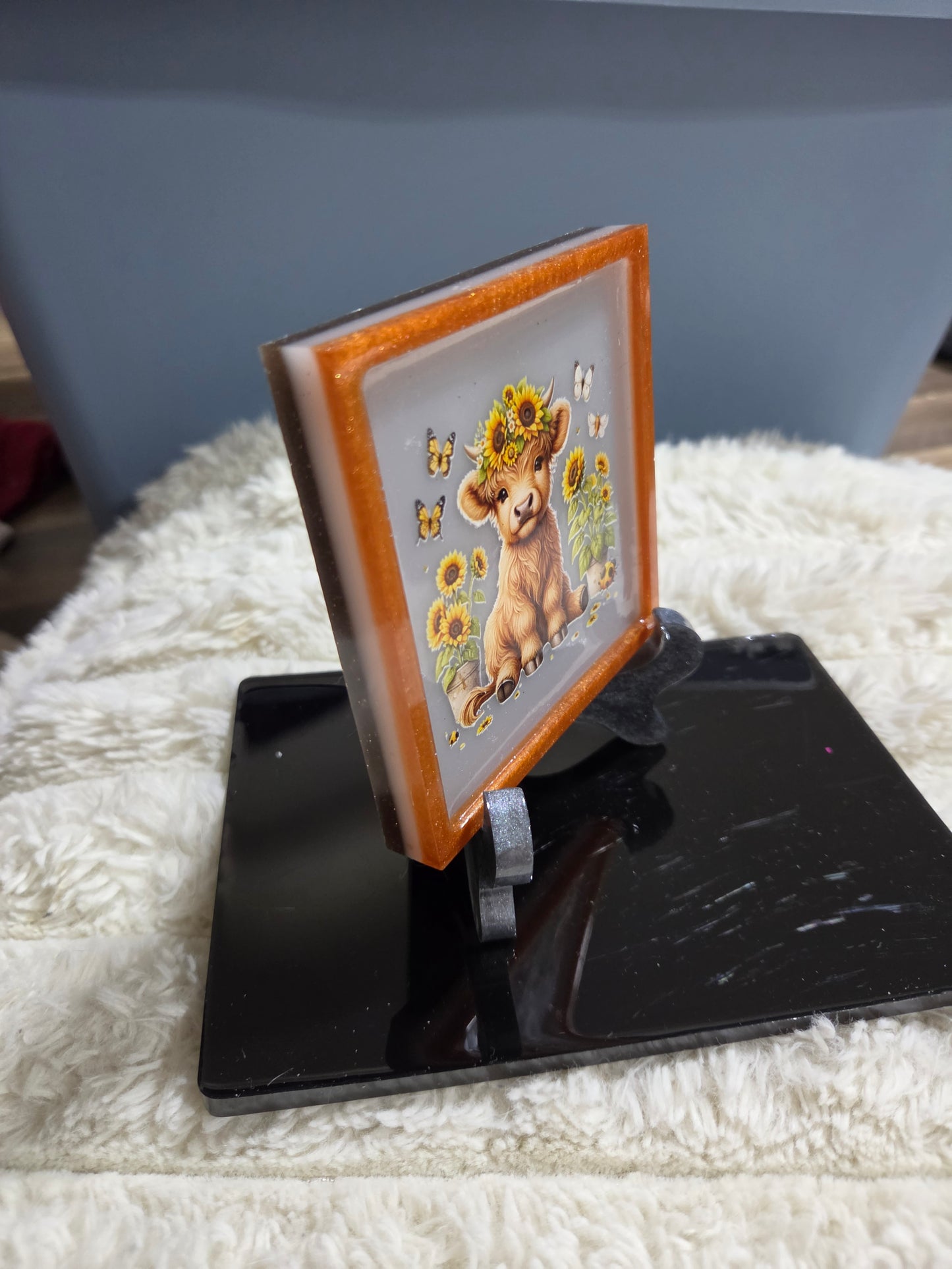 Square Plaque/Display with Highland Cow Calf, Butterflies and Sunflowers