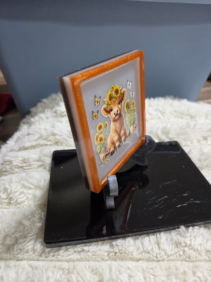 Square Plaque/Display with Highland Cow Calf, Butterflies and Sunflowers