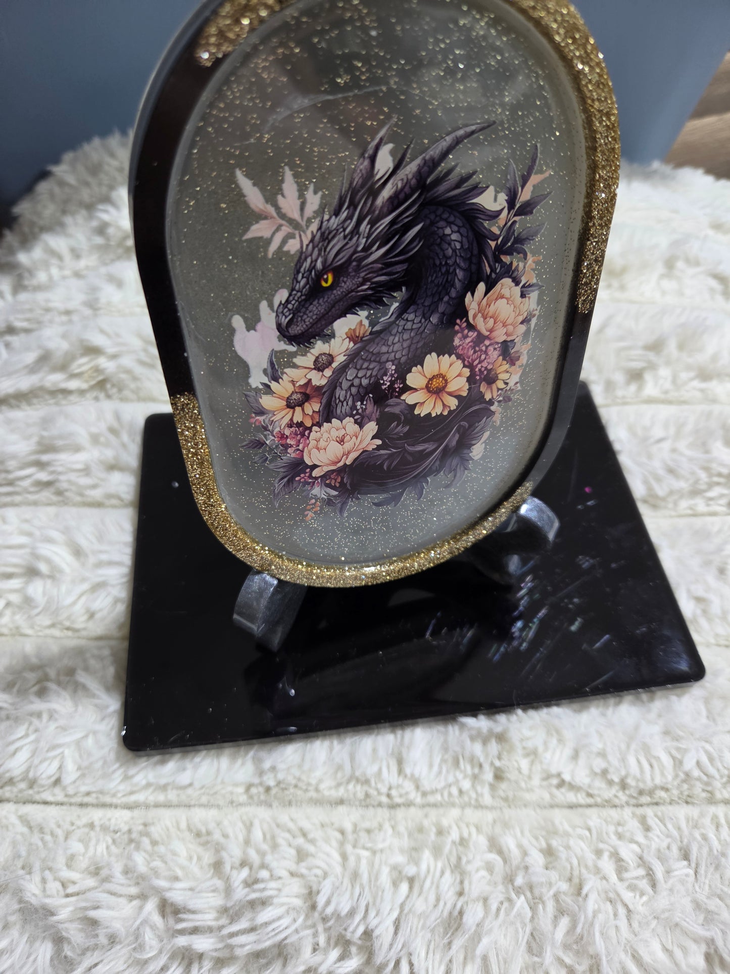 Rectangular or Oblong Black/Gold Framed Handcrafted Resin Tray/Display featuring Black Dragons
