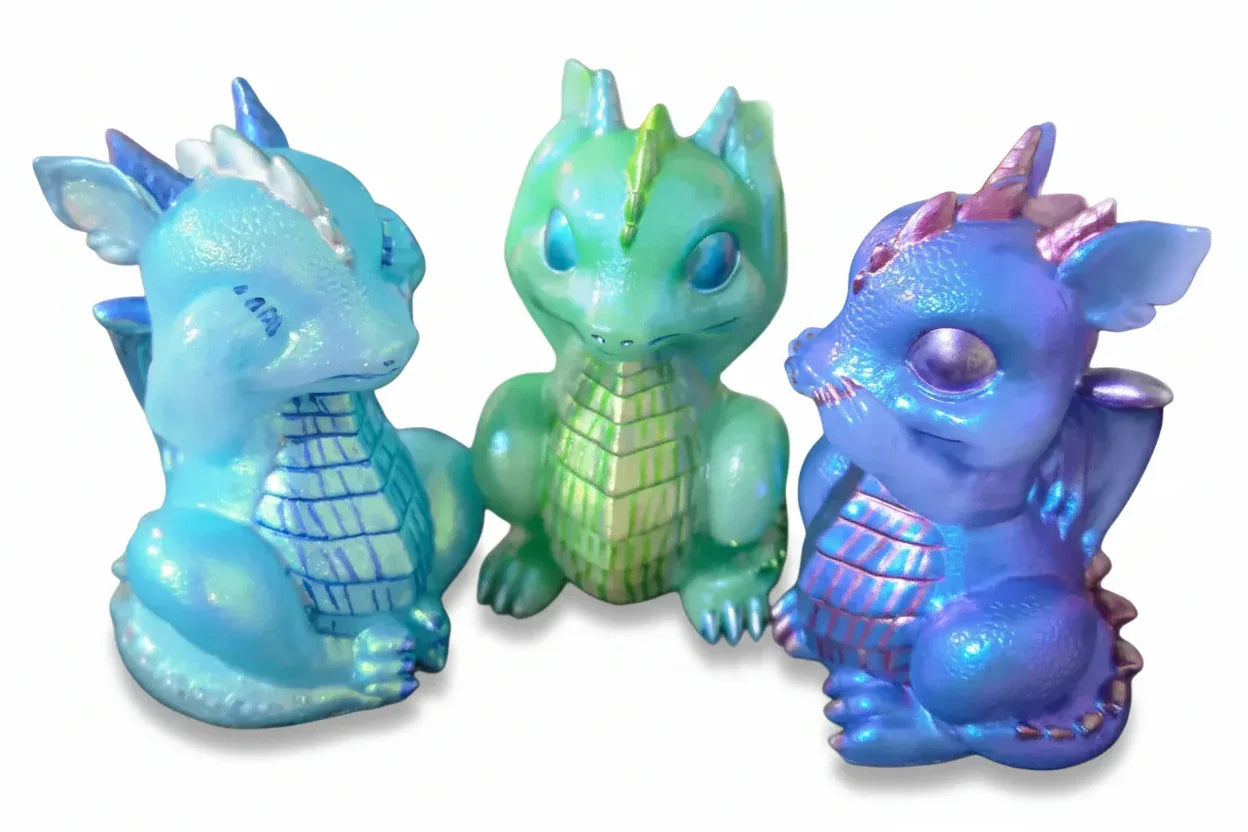 **Handcrafted Iridescent Baby Dragon Figurine Set of 3 - Blue, Teal, Purple | Whimsical Fantasy Decor Bundle by Crazy Chaotic Crafter**