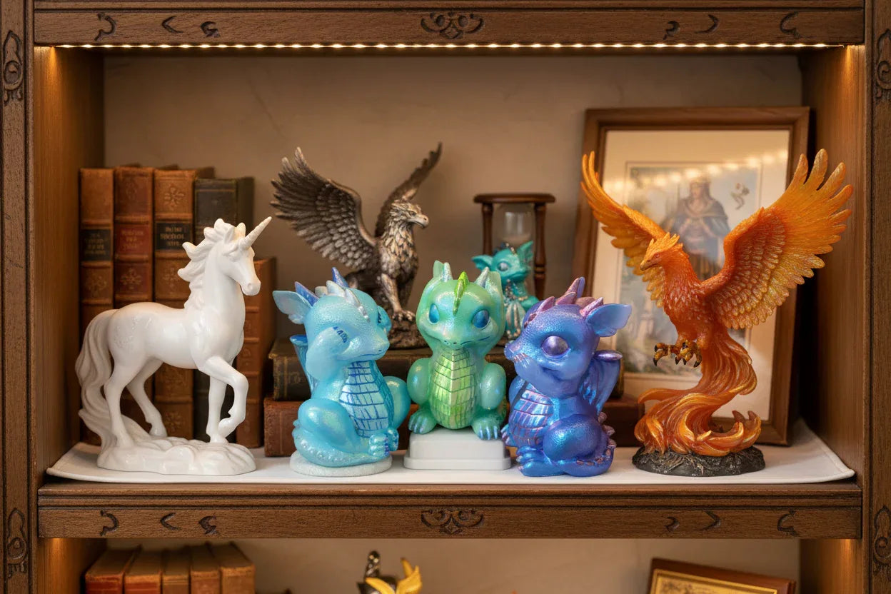 **Handcrafted Iridescent Baby Dragon Figurine Set of 3 - Blue, Teal, Purple | Whimsical Fantasy Decor Bundle by Crazy Chaotic Crafter**
