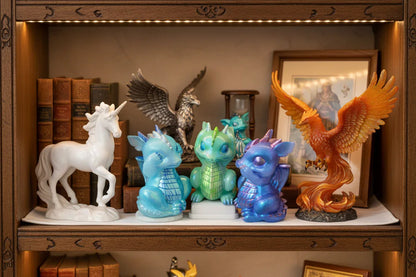 **Handcrafted Iridescent Baby Dragon Figurine Set of 3 - Blue, Teal, Purple | Whimsical Fantasy Decor Bundle by Crazy Chaotic Crafter**