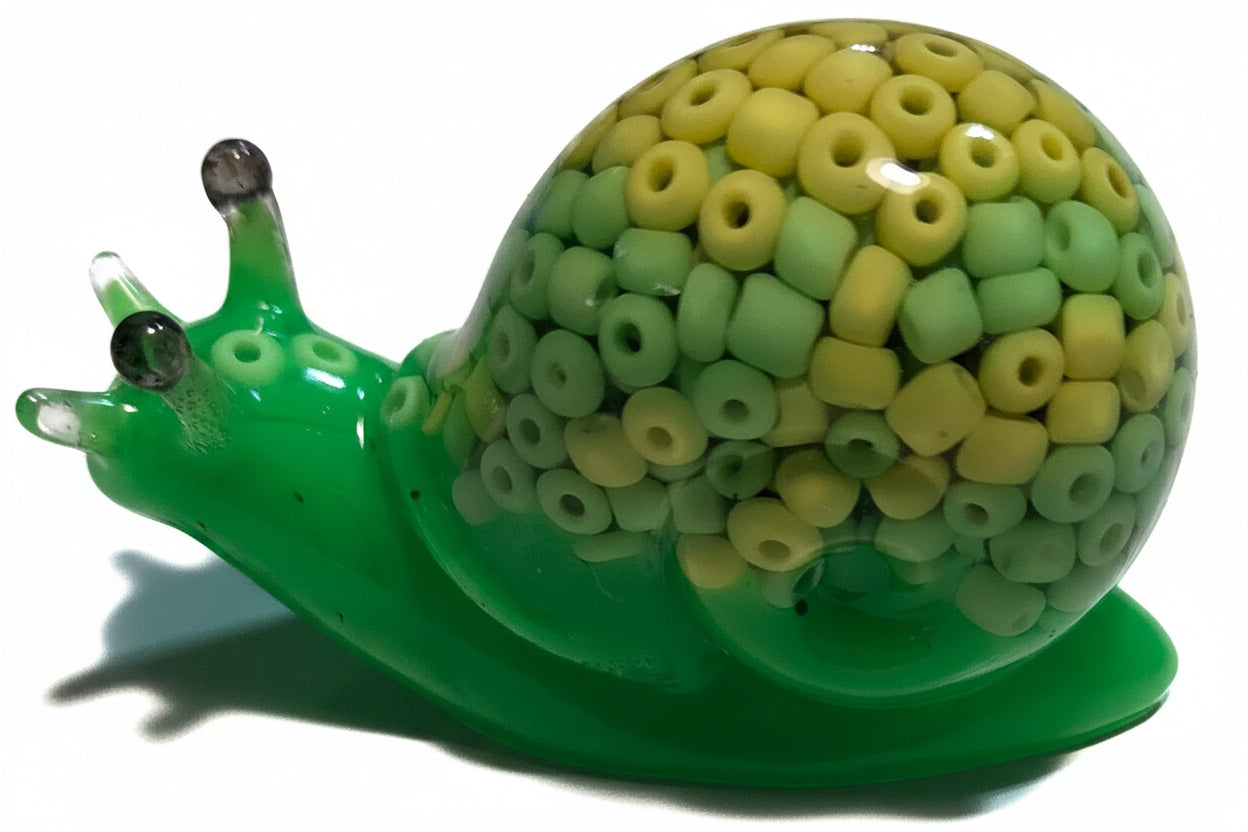 **Handcrafted Key Lime Beaded Resin Snail Figurine - Vibrant Green Maximalist Decor | Whimsical Artisan Desk Companion by Crazy Chaotic Crafter**
