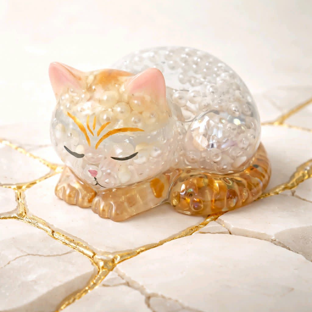 **Handcrafted Sleeping Cat Resin Figurine with Iridescent Pearl Bead Inlay | Calico Aesthetic Kitten Decor by Crazy Chaotic Crafter**