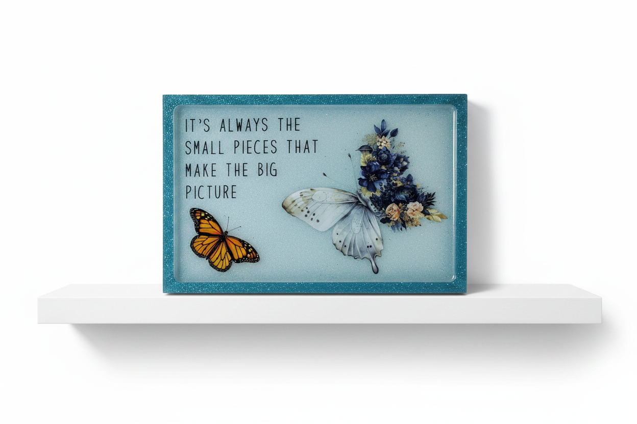 **Handcrafted "Small Pieces" Butterfly Resin Plaque - Inspirational Monarch Wall Art | Shimmering Botanical Decor by Crazy Chaotic Crafter**