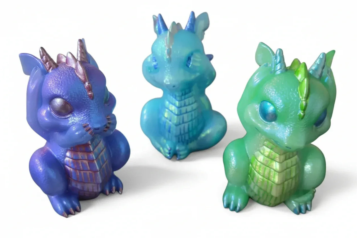 **Handcrafted Iridescent Baby Dragon Figurine Set of 3 - Blue, Teal, Purple | Whimsical Fantasy Decor Bundle by Crazy Chaotic Crafter**