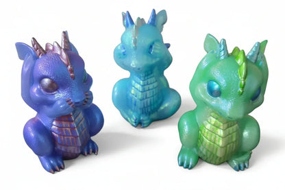 **Handcrafted Iridescent Baby Dragon Figurine Set of 3 - Blue, Teal, Purple | Whimsical Fantasy Decor Bundle by Crazy Chaotic Crafter**