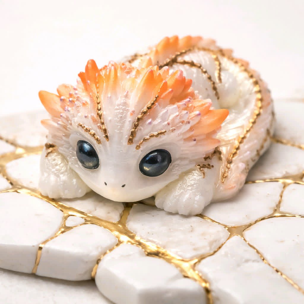 **Hand-Painted Pearlescent Dragon Hatchling Figurine - Sunset Orange & Gold Fantasy Creature Decor**