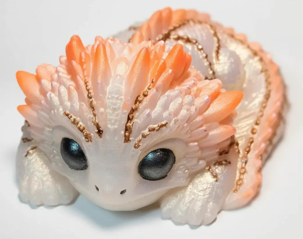 **Hand-Painted Pearlescent Dragon Hatchling Figurine - Sunset Orange & Gold Fantasy Creature Decor**