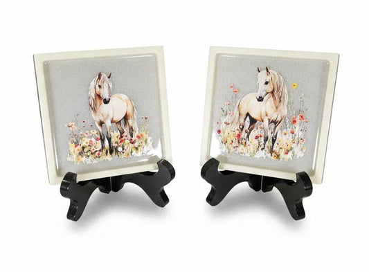 *Handcrafted "Golden Meadow" Horse Resin Plaque Set – 2-Piece Equestrian Art with Stands | Rustic Farmhouse & Western Decor | Crazy Chaotic Crafter*