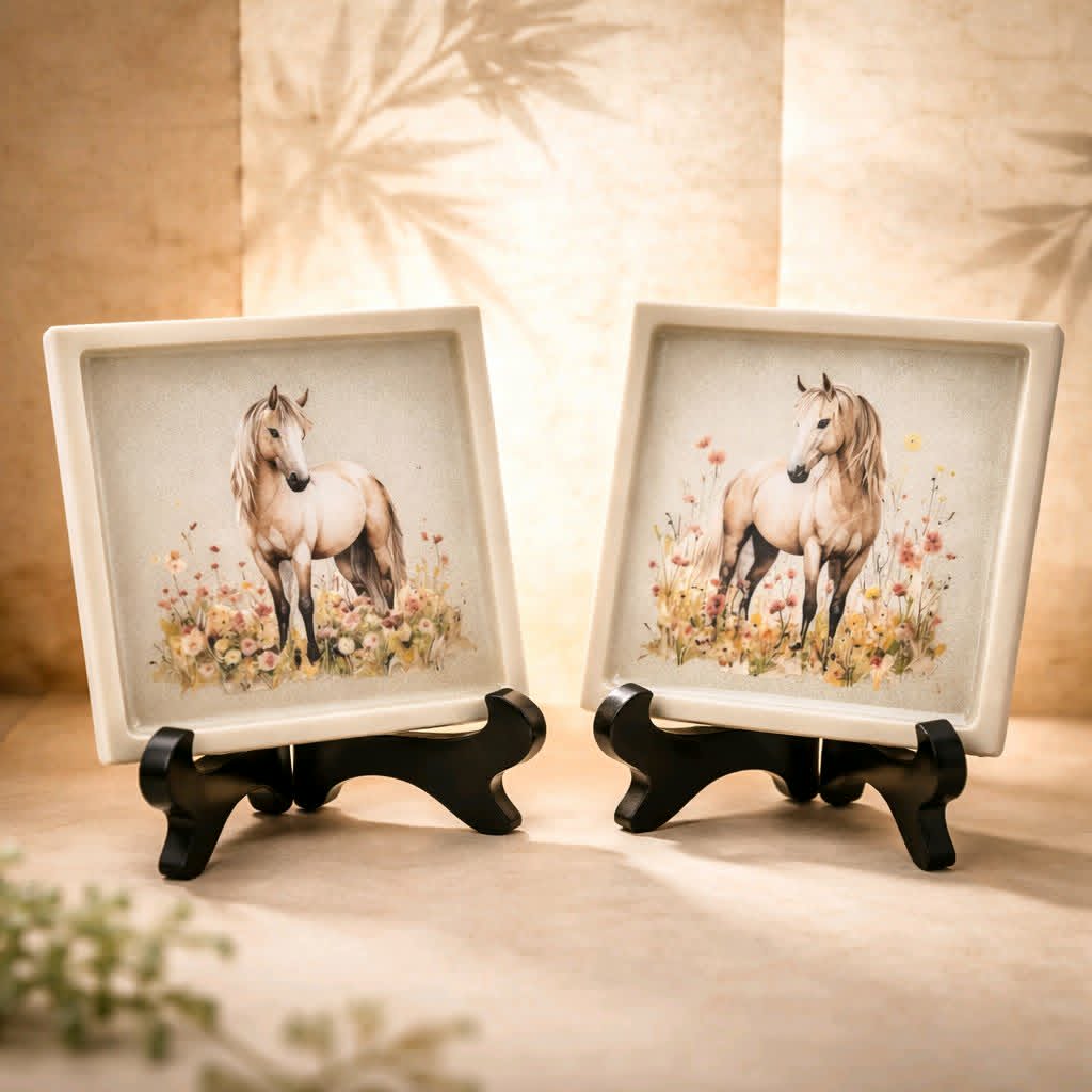 *Handcrafted "Golden Meadow" Horse Resin Plaque Set – 2-Piece Equestrian Art with Stands | Rustic Farmhouse & Western Decor | Crazy Chaotic Crafter*