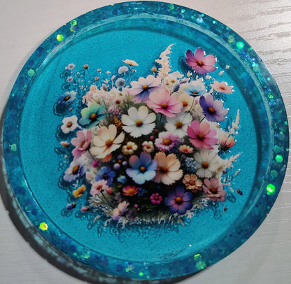 **Handcrafted Floral Resin Trinket Tray Set - Purple & Teal Botanical Jewelry Dish | Shimmering Vanity Decor by Crazy Chaotic Crafter**
