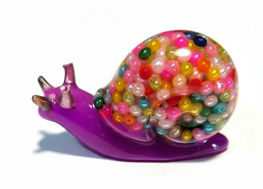 **Handcrafted Bright Violet Multicolor Beaded Resin Snail Figurine - Rainbow "Gumball" Maximalist Decor | Whimsical Artisan Desk Pet by Crazy Chaotic Crafter**