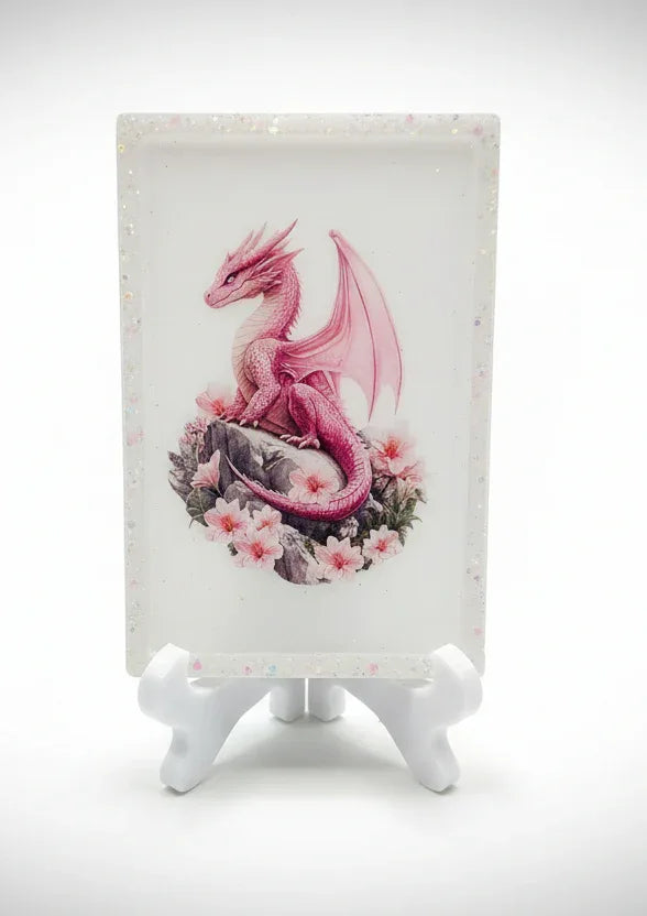 Rectangular Pink Dragon on White Tray or Wall Decor